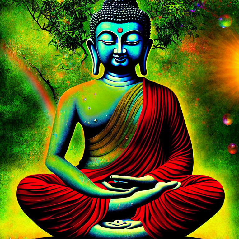 Colorful Buddha Meditation Illustration on Green Background