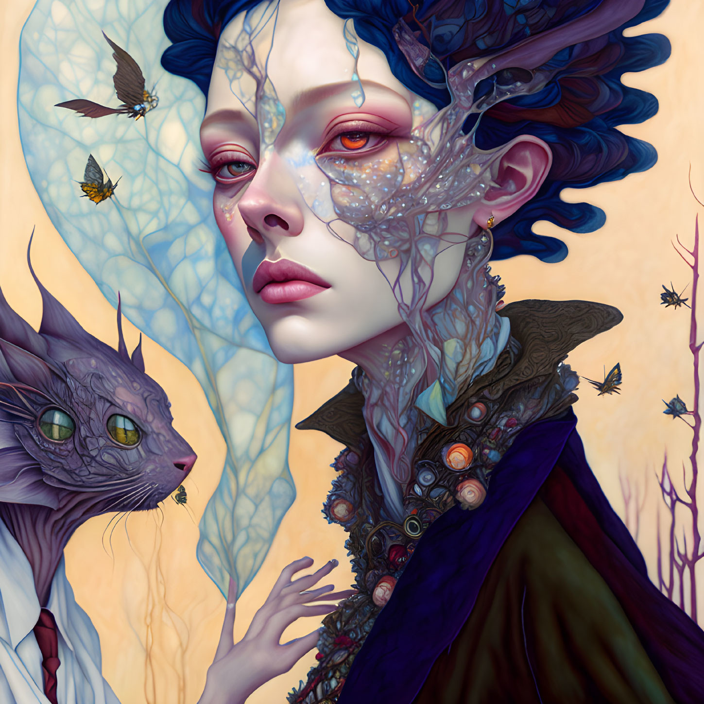 Fantastical digital artwork of woman with blue branch-like structures and cat with green eyes surrounded by butterflies