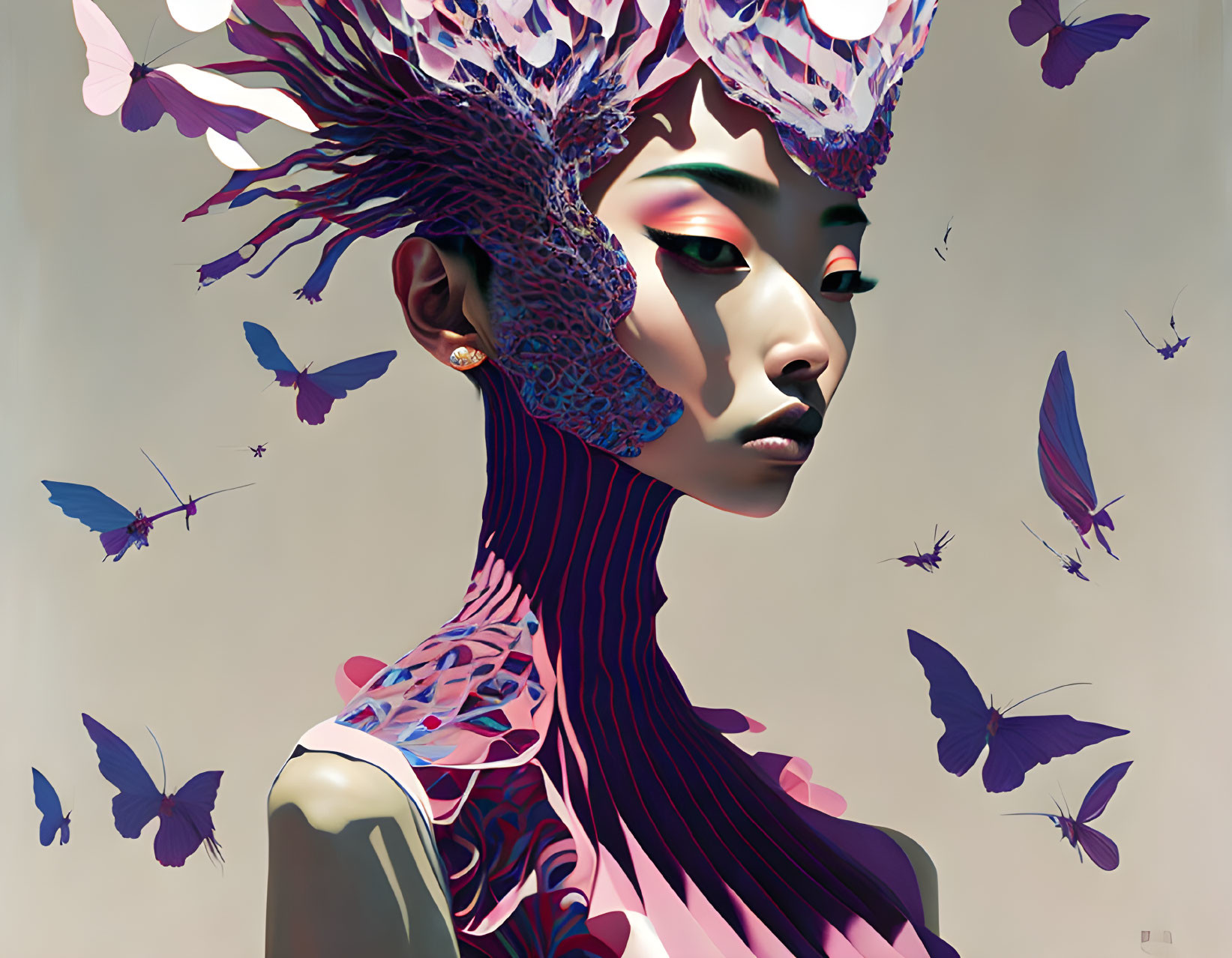 Stylized digital portrait of a woman with butterflies and intricate patterns