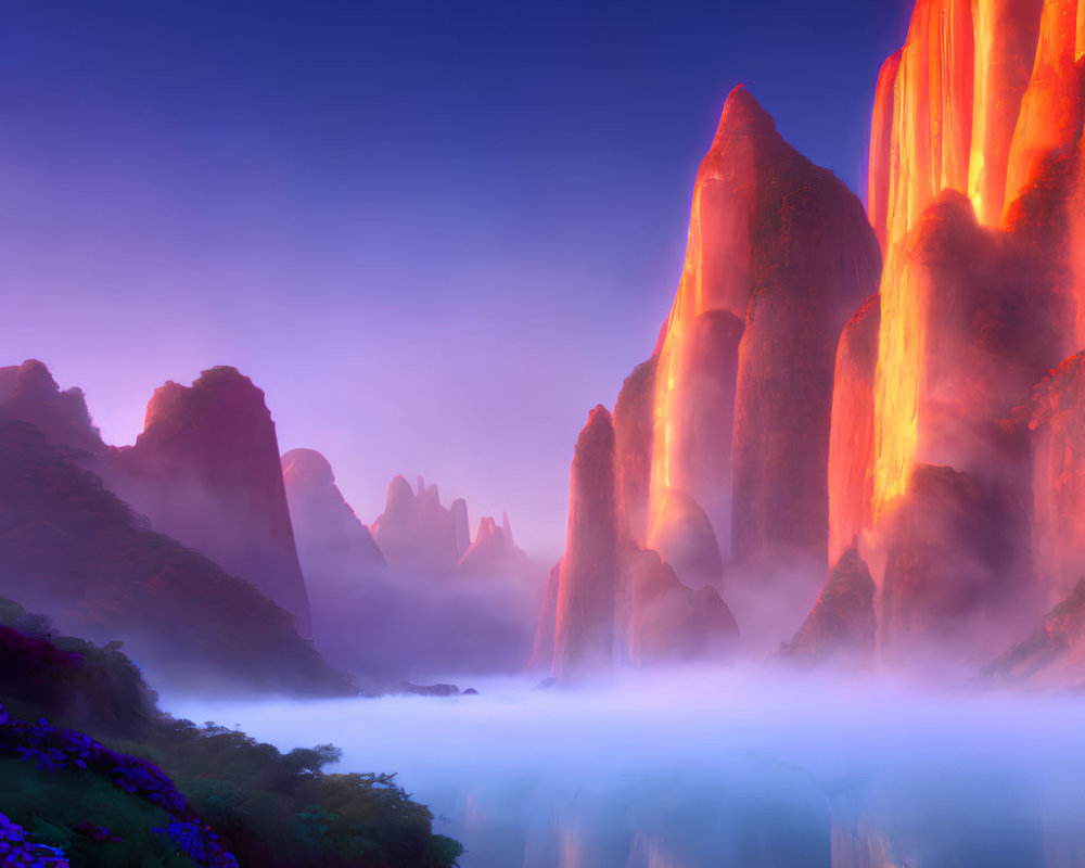 Majestic Mountain Peaks with Purple Flowers and Mist