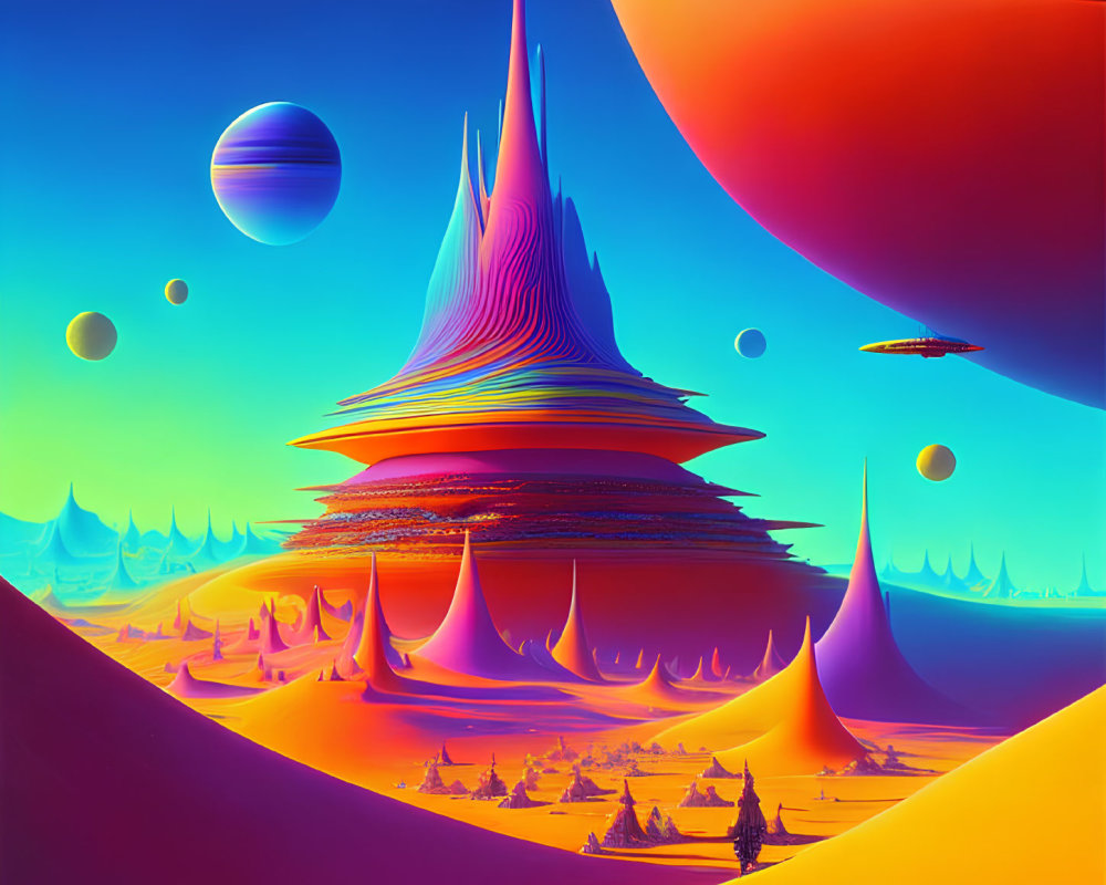 Surreal landscape with spire-like structures and multiple moons in gradient sky