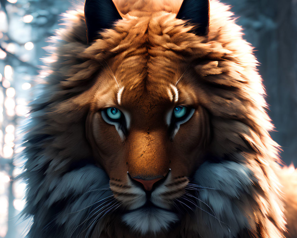 Majestic lion-tiger hybrid with blue eyes on cool bokeh backdrop