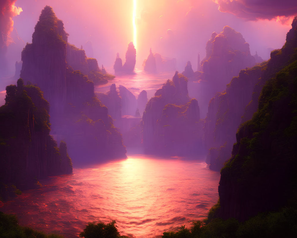 Majestic rock formations under radiant sunset in ethereal landscape