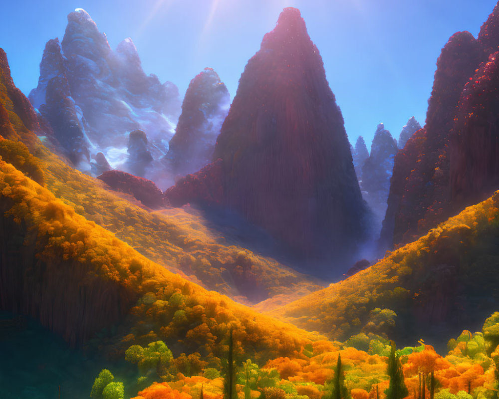 Majestic mountain landscape with autumn valley and sunbeams