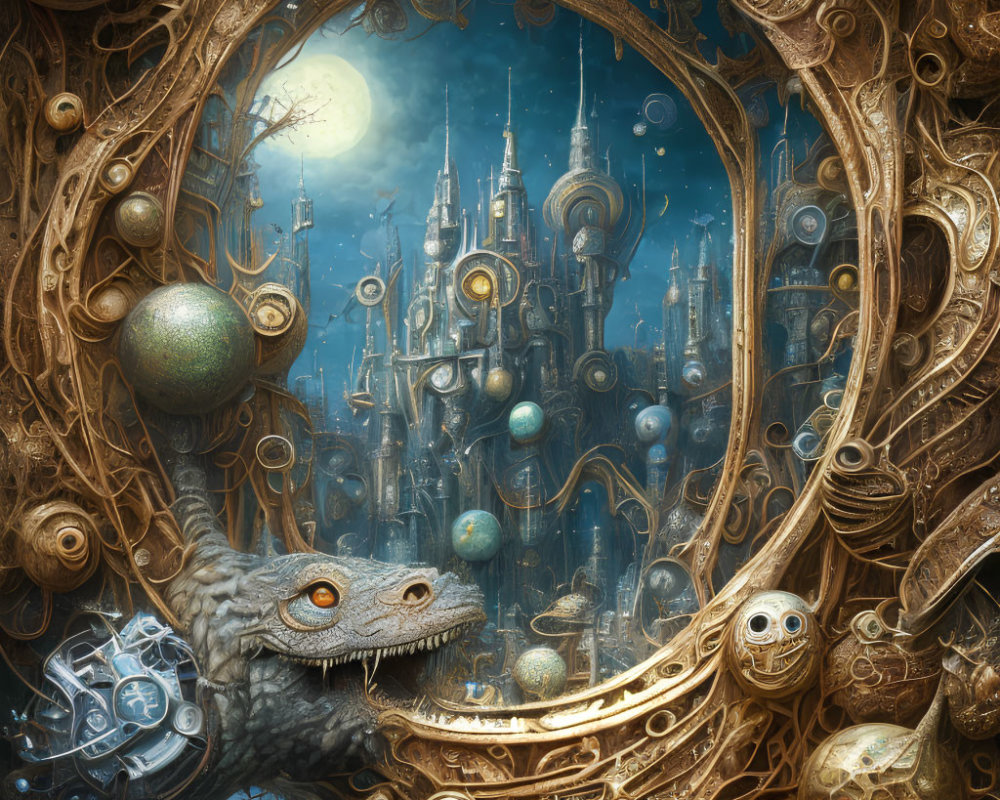 Steampunk-style illustration with golden frame, mechanical crocodile, and fantastical city backdrop.