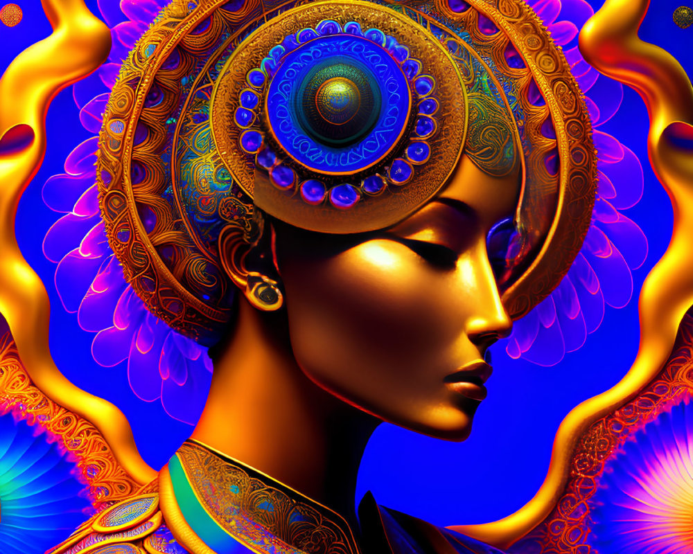 Colorful digital artwork: stylized woman with golden headpiece on blue background