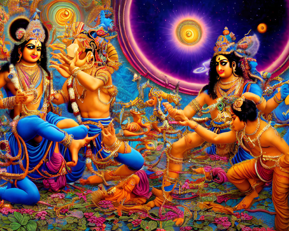 Colorful Hindu deities in cosmic galaxy setting