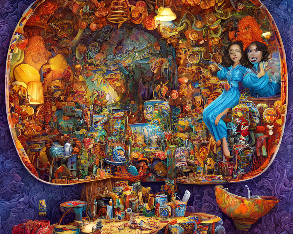 Colorful artwork of figures in treasure-filled room with oval frame.