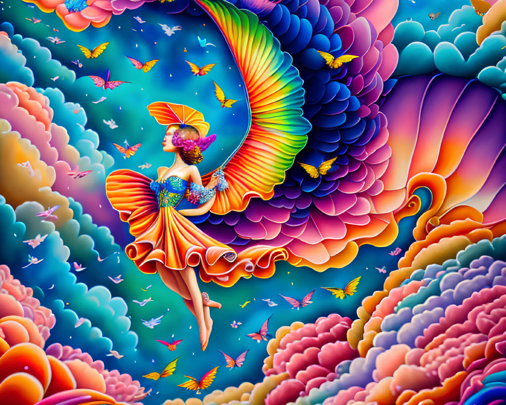 Colorful Woman with Bird-Like Wing in Fantasy Landscape