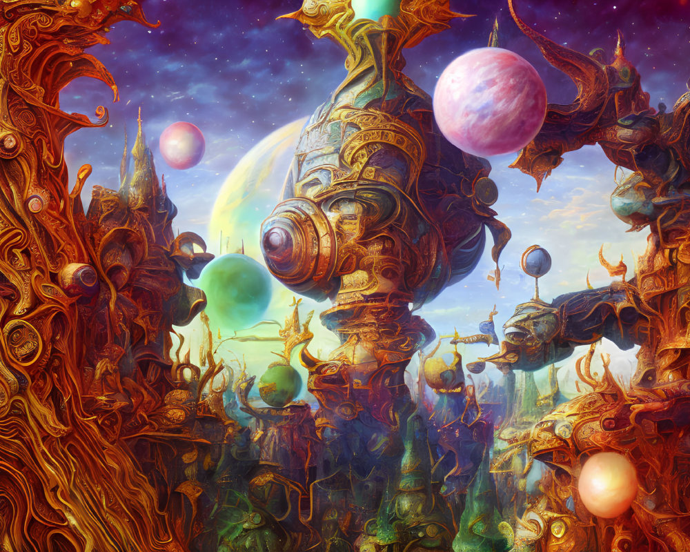 Intricate Golden Structures in Vibrant Sci-Fi Landscape