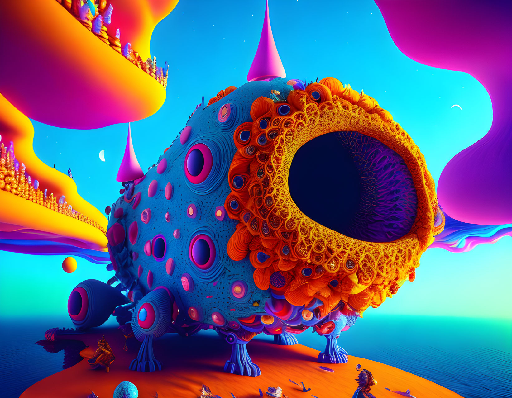 Colorful Blob-Like Creature in Surreal Landscape