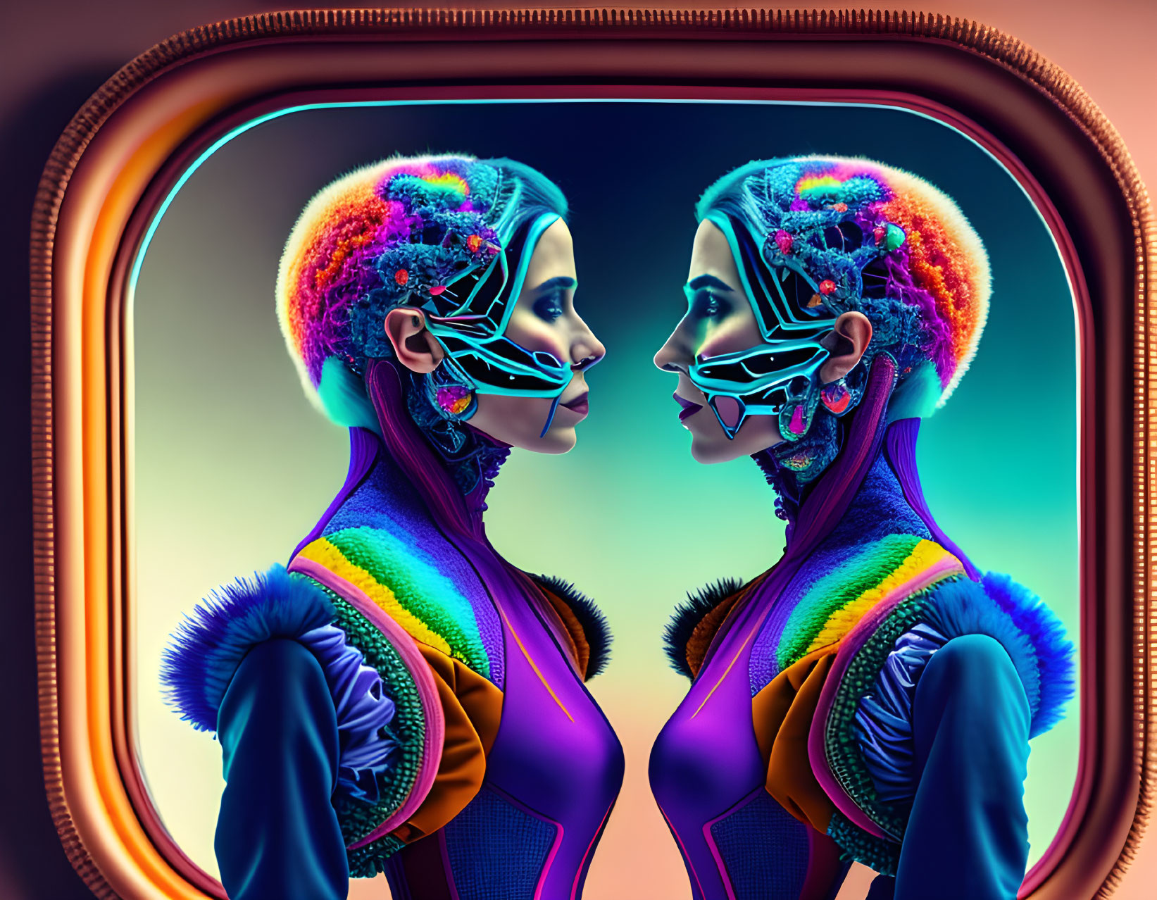 Futuristic women with colorful hairstyles and cybernetic enhancements in mirror