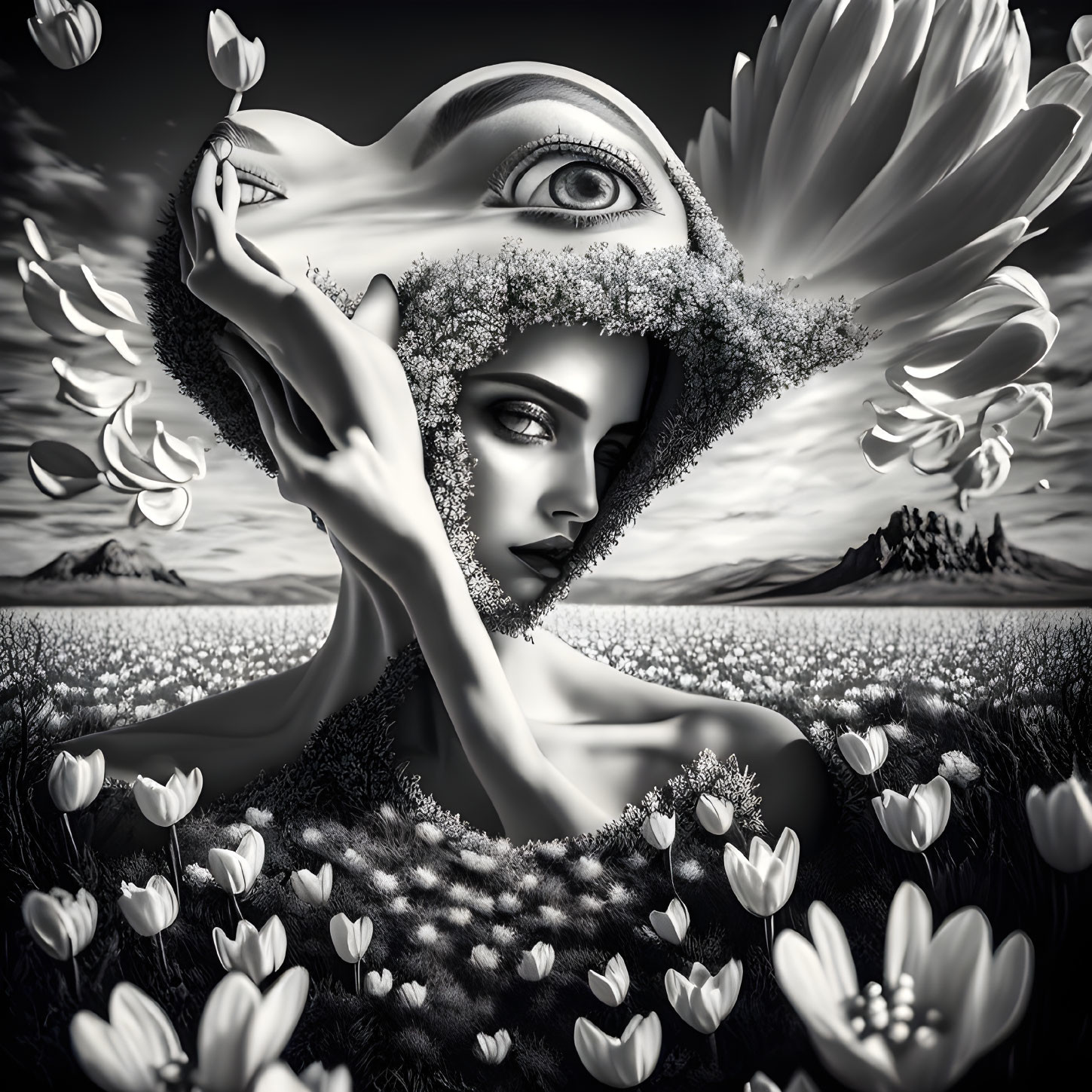 Monochrome surreal image of woman with landscape face in flower field