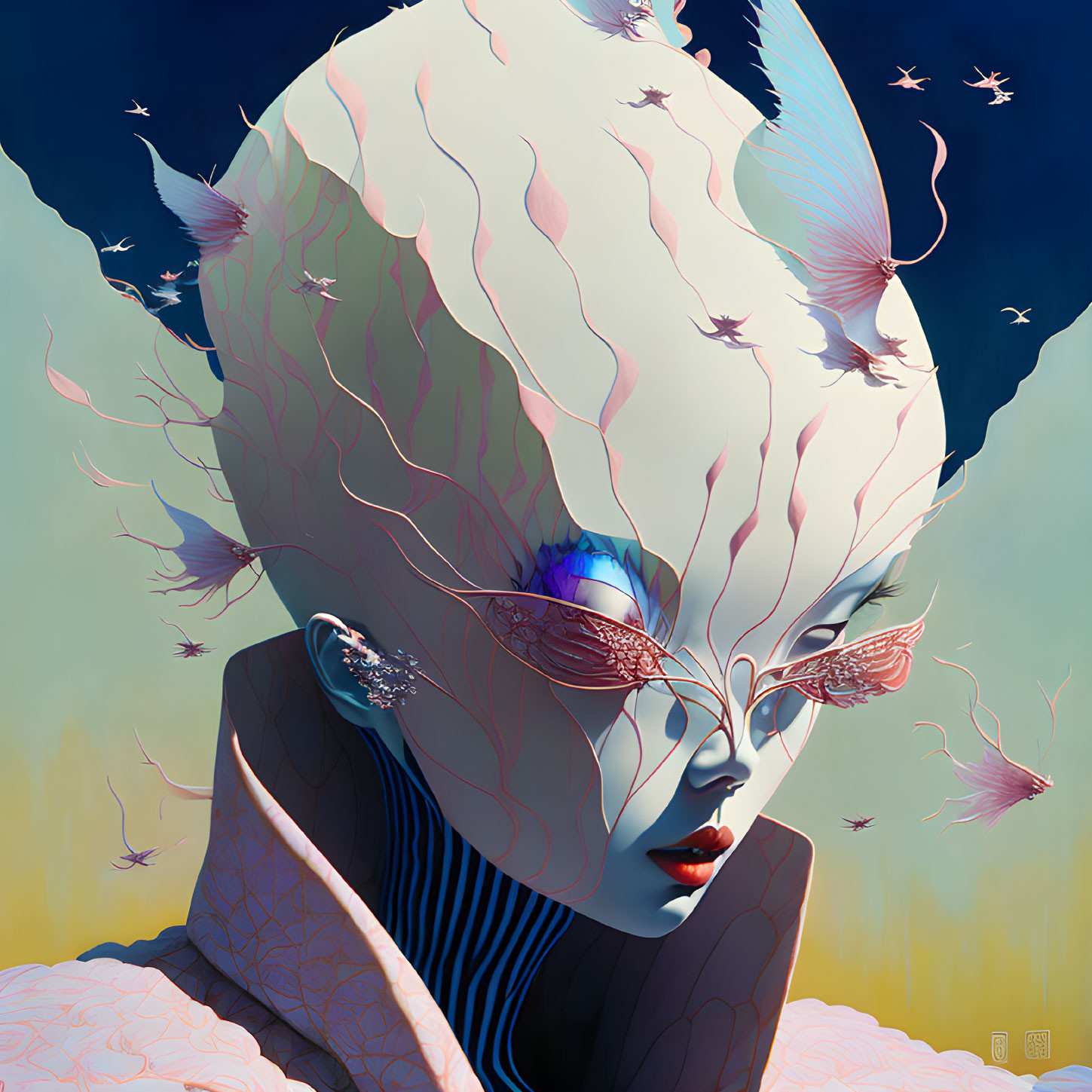 Surreal humanoid figure with elongated white head and pink accents, surrounded by birds on blue background