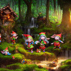 Enchanting forest scene with whimsical creatures and serene water body