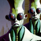 Surreal image of two figures with elongated heads in green cloaks