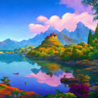 Serene lake with hilltop temple in vibrant landscape