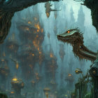 Majestic dragon in misty forest with glowing treehouses