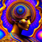 Colorful digital artwork: stylized woman with golden headpiece on blue background