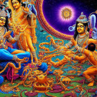 Colorful Hindu deities in cosmic galaxy setting
