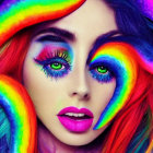Multicolored Hair Woman with Vibrant Rainbow Makeup