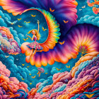 Colorful Woman with Bird-Like Wing in Fantasy Landscape