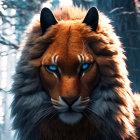 Majestic lion-tiger hybrid with blue eyes on cool bokeh backdrop