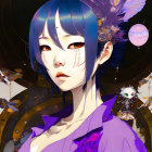 Illustration of anime-style female character with blue hair, red eyes, and purple outfit amidst celestial and
