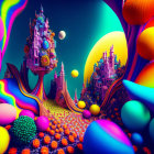 Colorful Psychedelic Landscape with Whimsical Trees and Butterflies