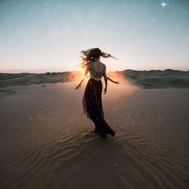 Woman in flowing dress stands in desert dunes at twilight