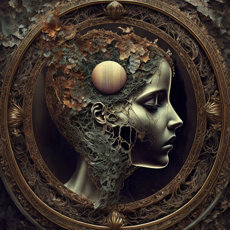 Surreal artistic representation of woman's profile with organic textures and planet sphere in circular frame