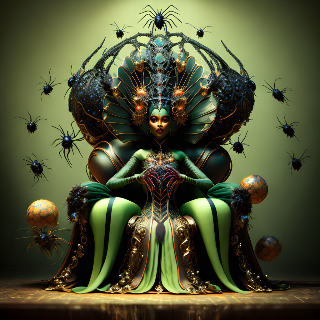 Regal figure with spider-themed crown in mystical digital artwork