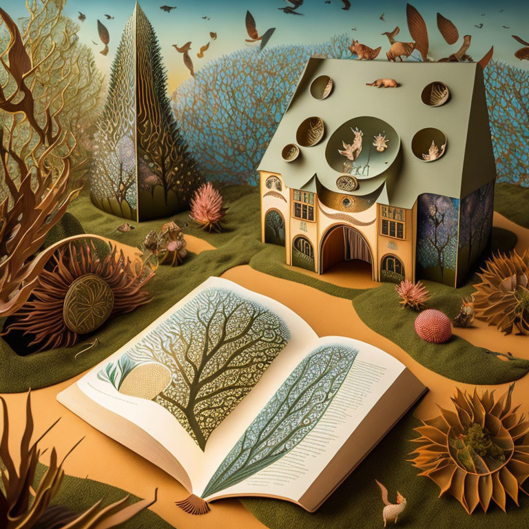 Whimsical paper-cut style landscape with book, trees, house, and birds