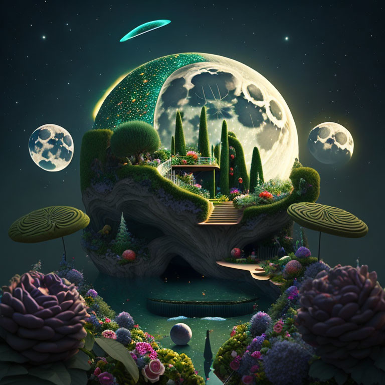 Surreal landscape with skull-shaped cave, exotic plants, moons, and UFO