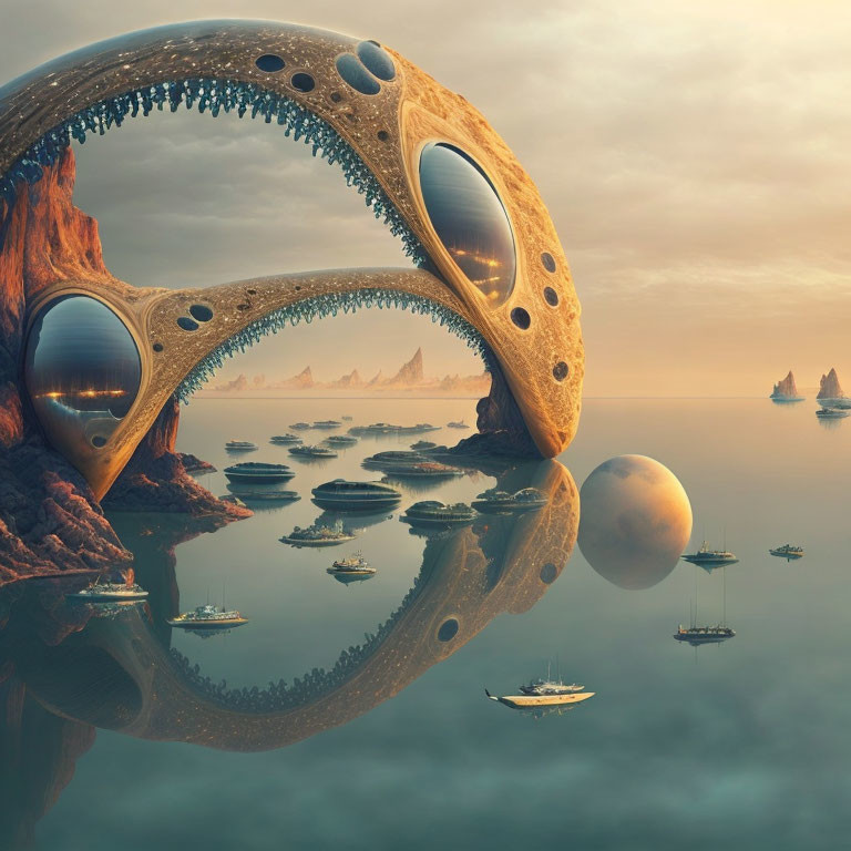 Surreal seascape with organic ring, boats, and distant planets