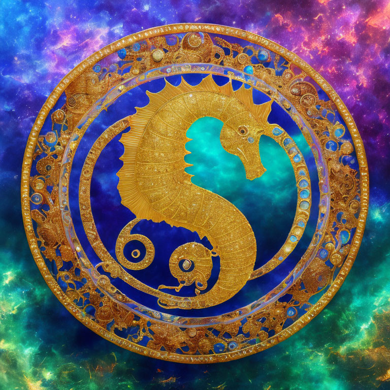 Intricate Golden Seahorse in Circular Ornate Frame on Cosmic Background