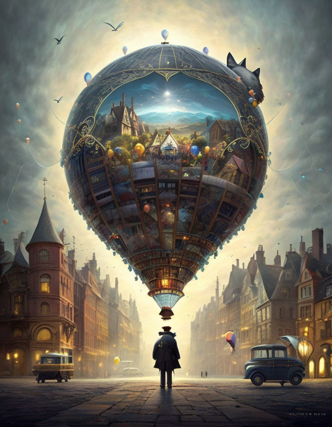Person observing floating city in hot air balloon over vintage cityscape.