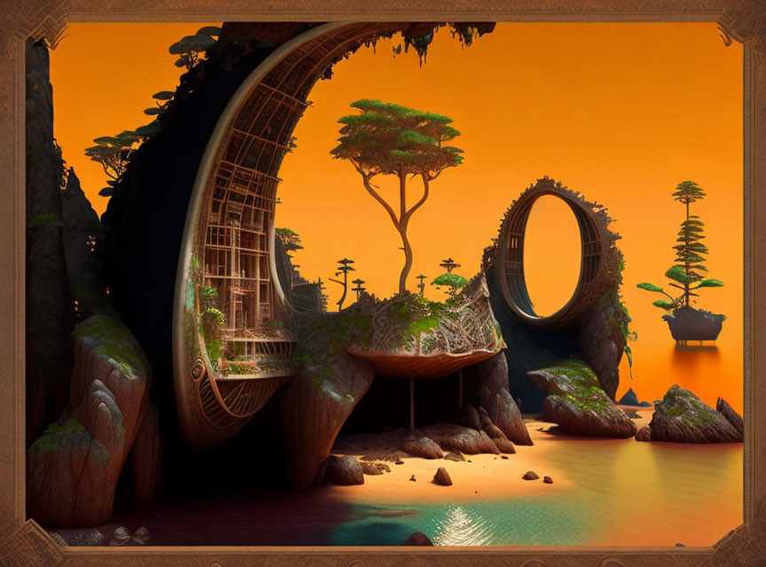 Fantastical landscape with circular structures and floating islands at sunset