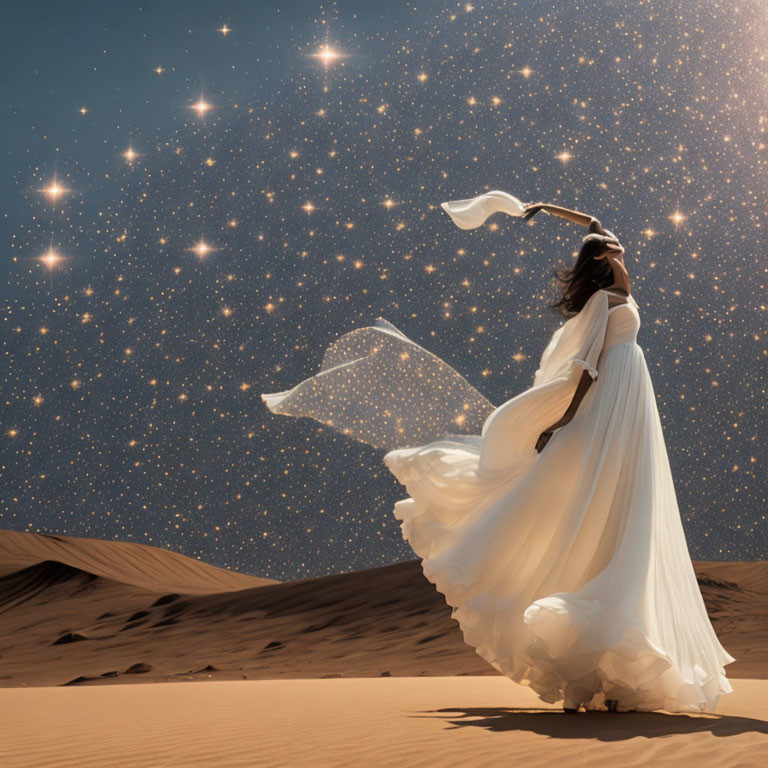Woman in Flowing White Dress on Sand Dune under Starry Sky