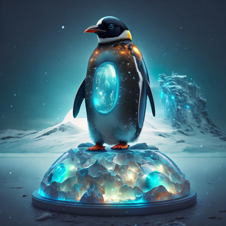 Penguin on Glowing Crystal Podium in Snowy Landscape