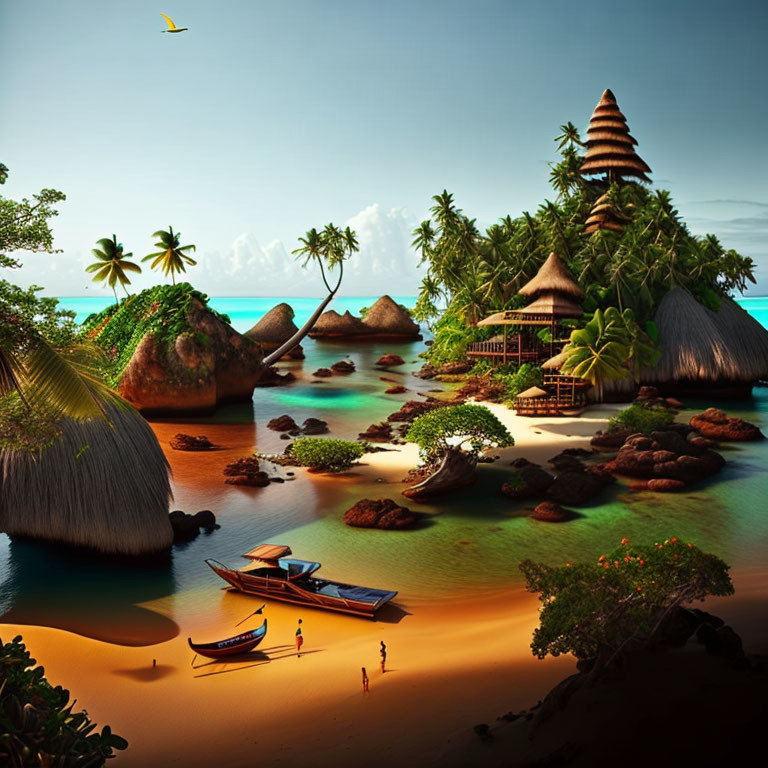 Scenic tropical island sunset with thatched huts, palm trees, boats, and clear waters.