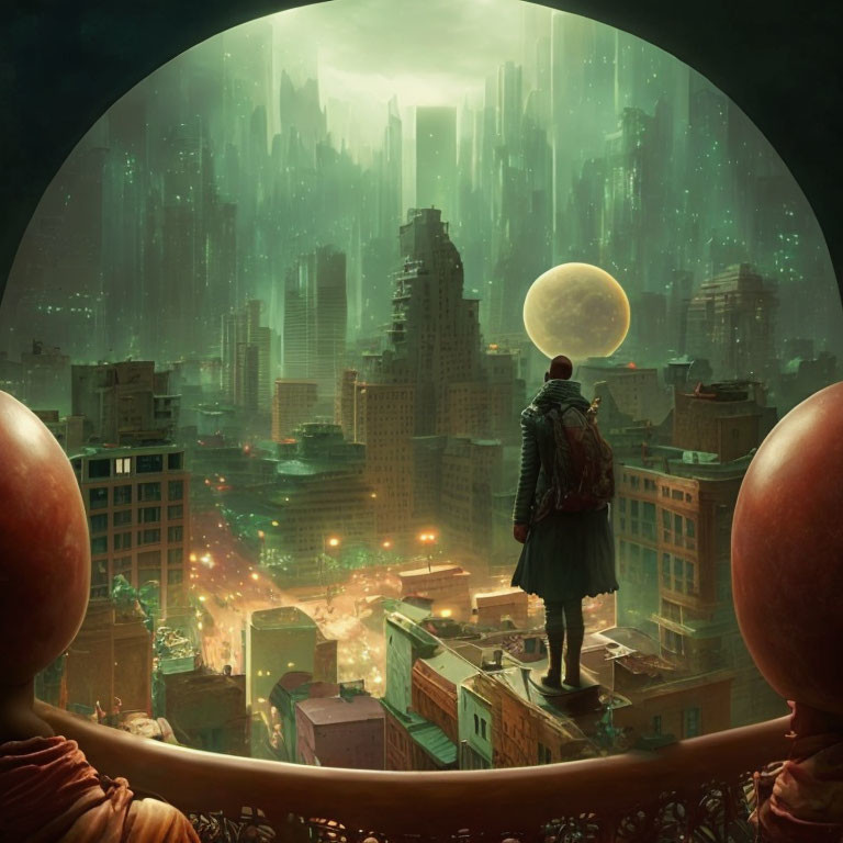 Person on Rooftop Overlooking Futuristic Cityscape at Night