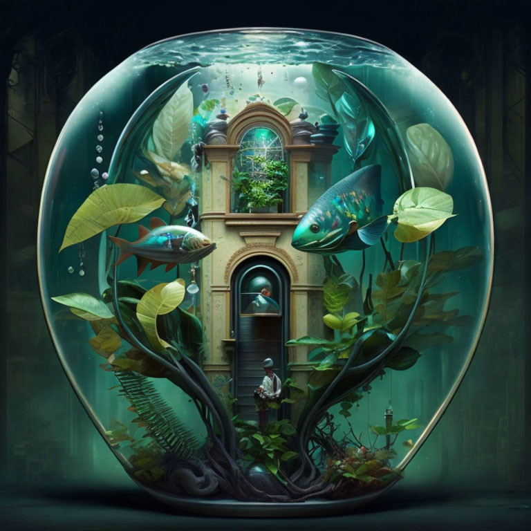 Underwater bubble scene with fish, plants, man, and ornate doorway
