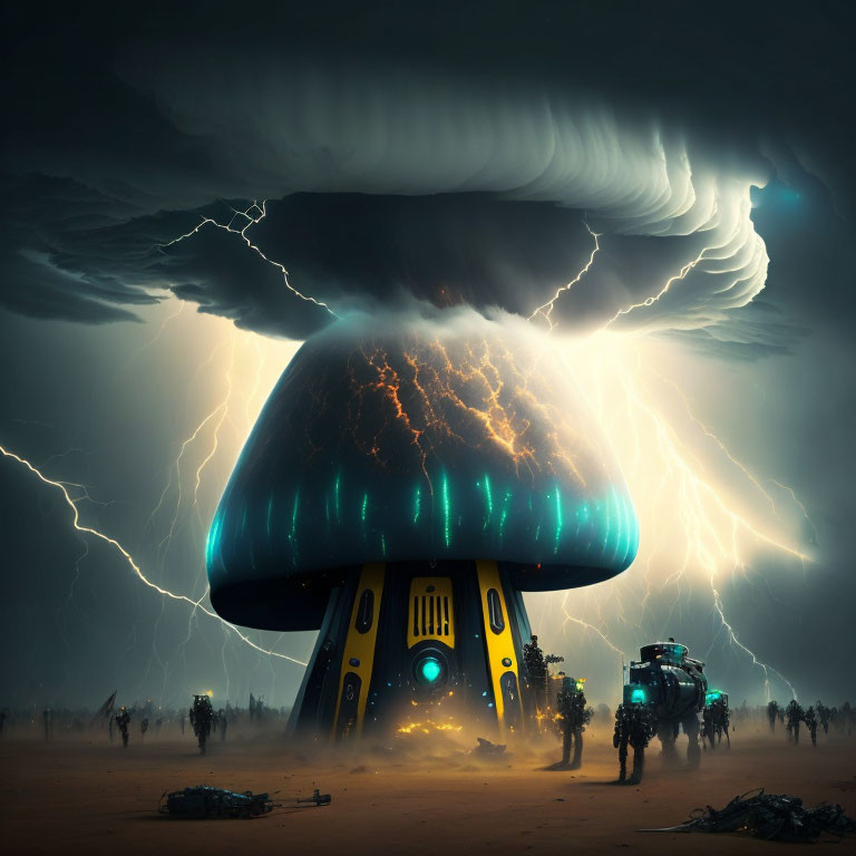 Giant mushroom-shaped structure in desert storm with lightning and onlookers.