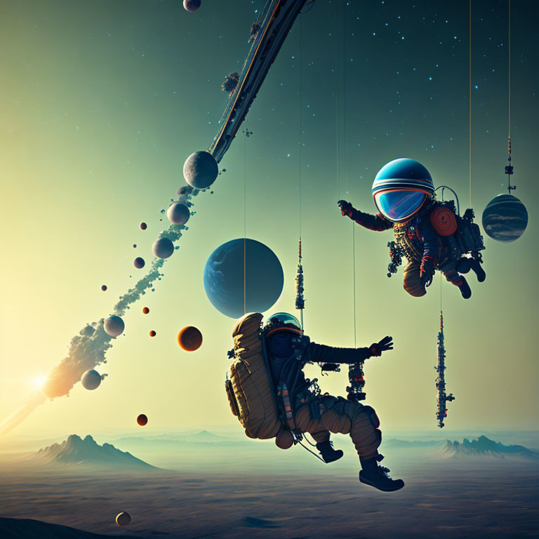 Astronauts with jetpacks explore surreal planets and hanging structures in space and desert landscape.