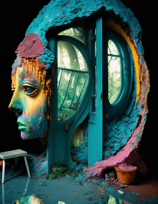 Vibrant human face sculpture with blue window frame, peeling paint, foliage view, stool,