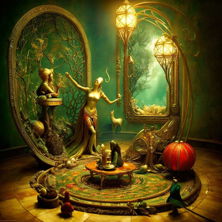 Whimsical room with ornate mirror and playful creatures in fantasy setting