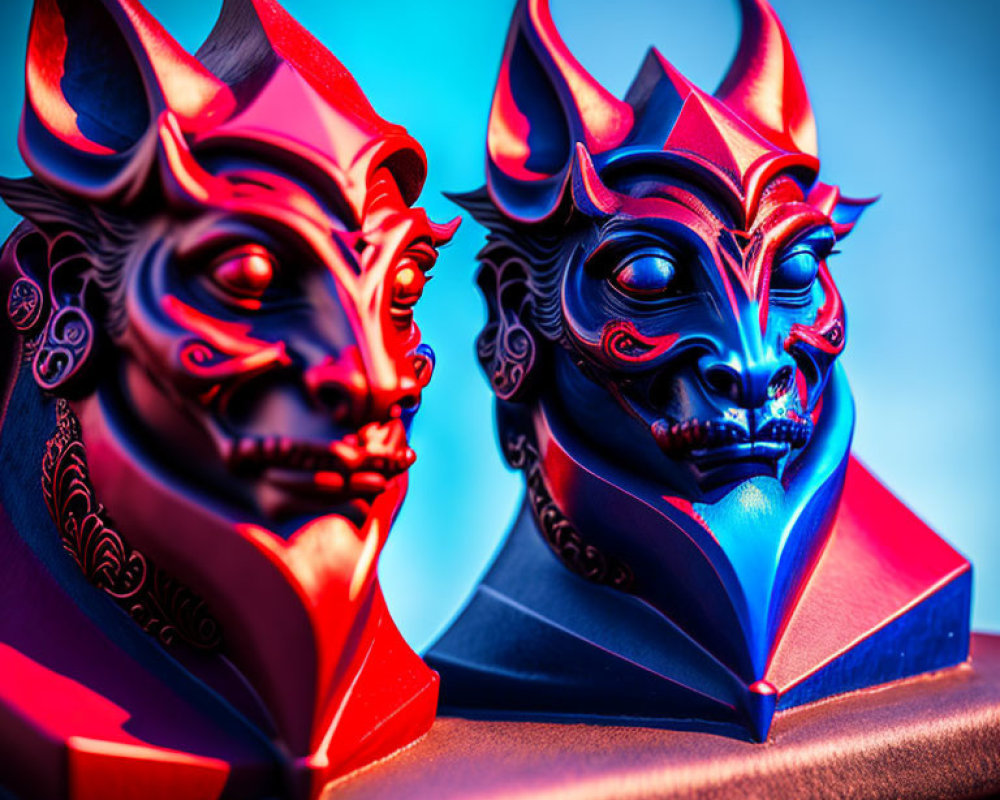 Stylized devilish masks with horns and intricate designs in red and blue lighting