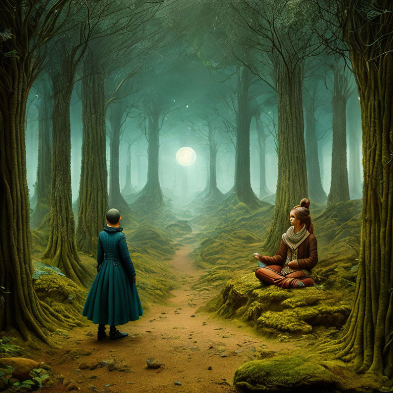 Individuals in mystical forest with moon and meditative pose.