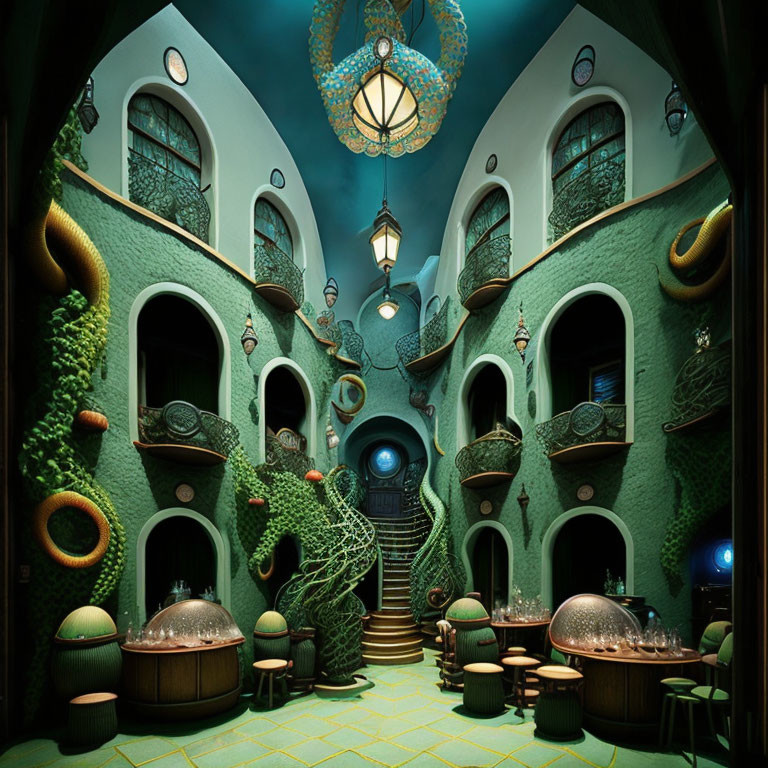 Fantasy Interior with Turquoise Walls, Spiral Staircases, and Glass Pods